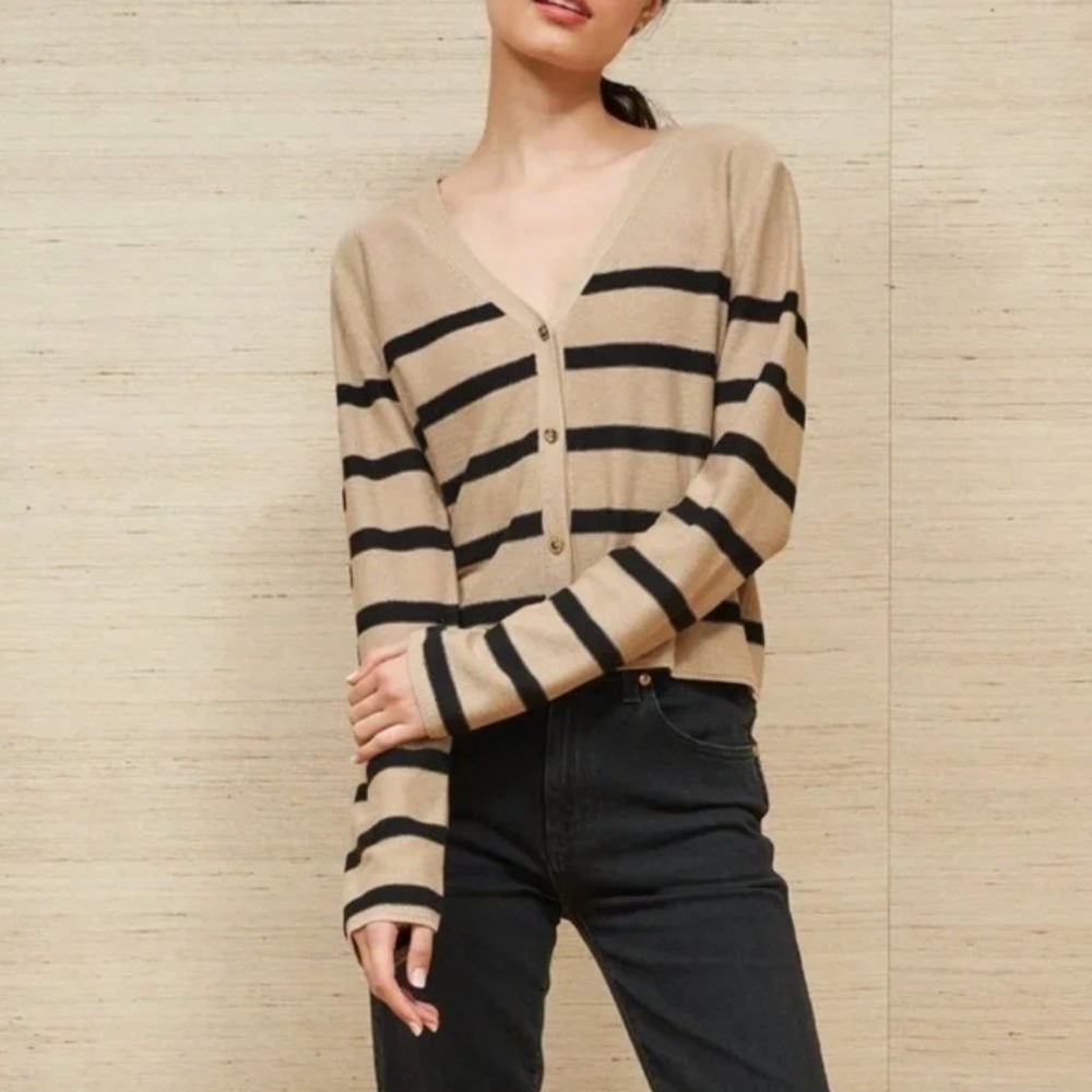 La Ligne Serge Cardigan Medium Tan Black Striped V-Neck Button Front Lightweight - Picture 2 of 13
